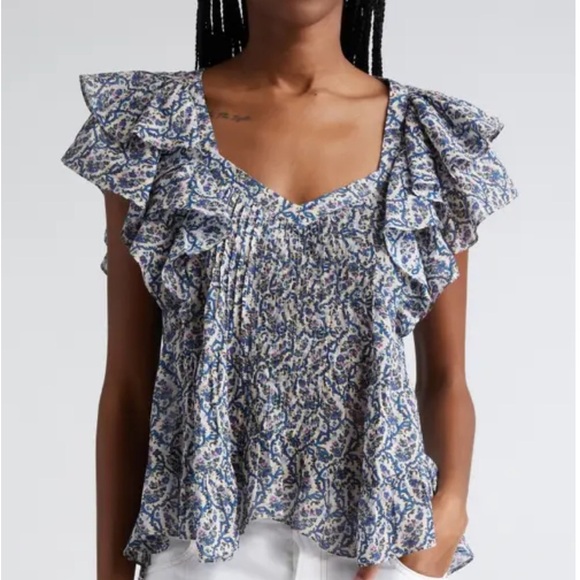 NWT ISABEL MARANT Etoile Madrana Print Flutter Sleeve Blouse Top - Blue White 4 - Picture 1 of 7